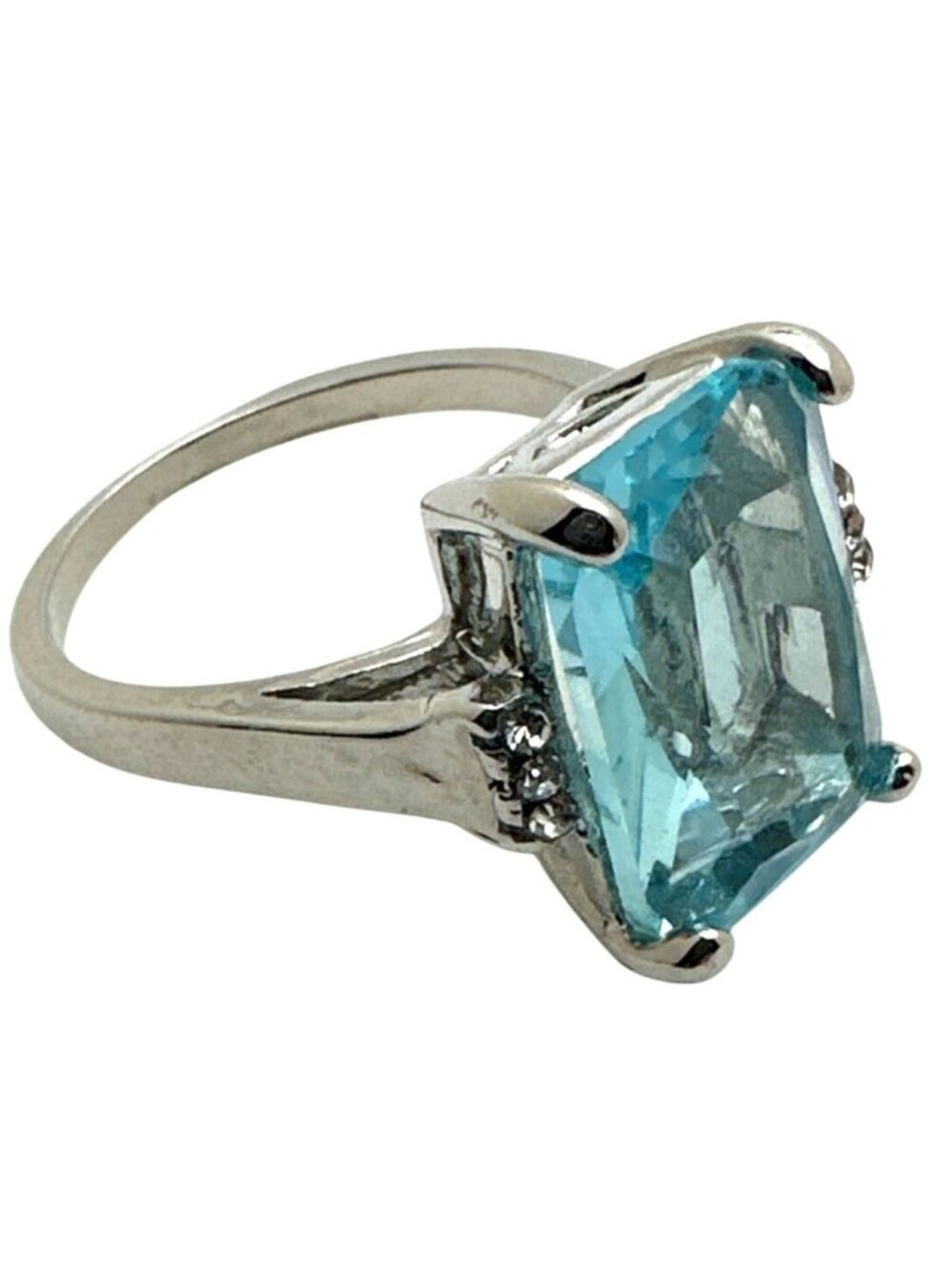 Elegant Blue Aquamarine CZ Ring Emerald Cut Size 6.25 White 10k Gold Plated